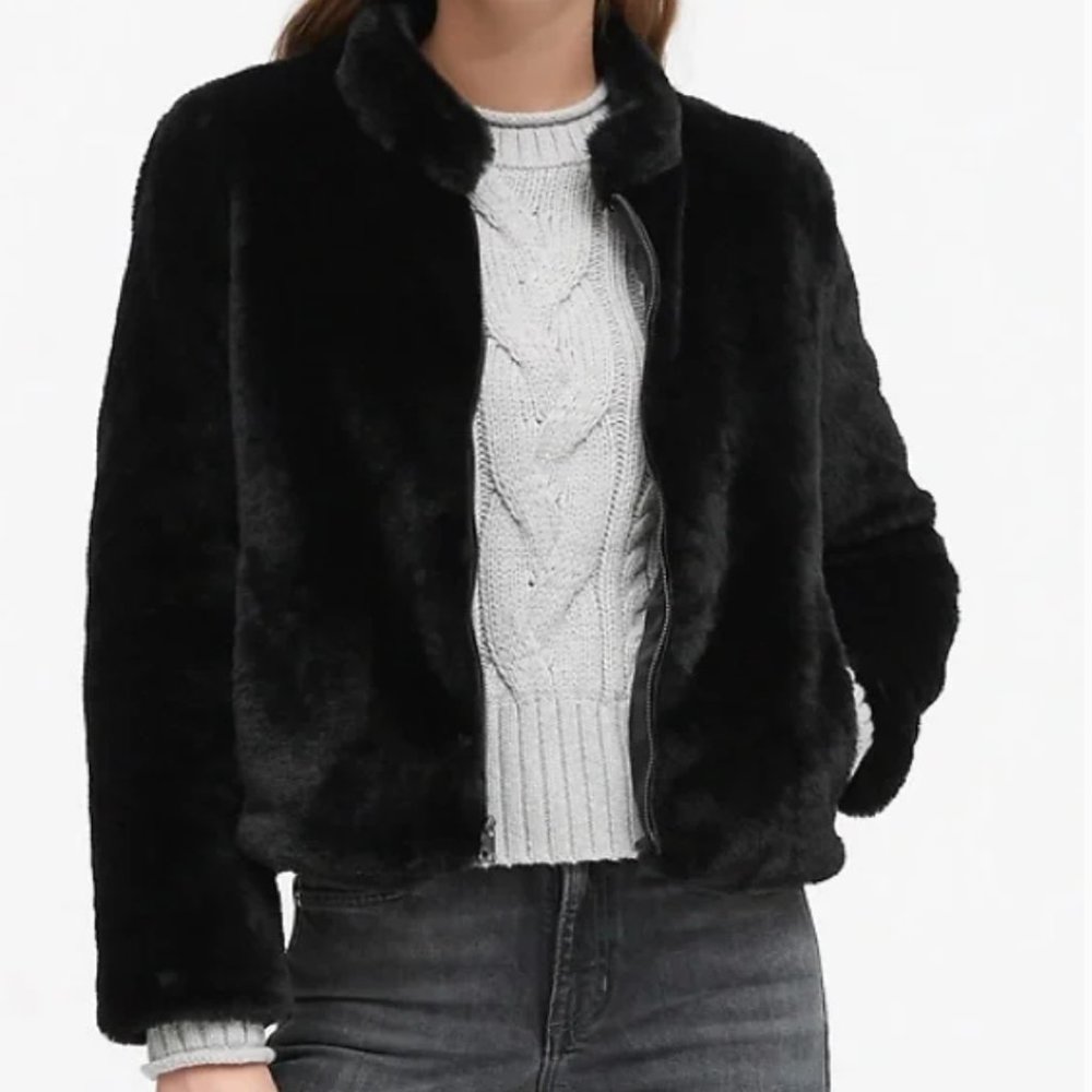 BANANA REPUBLIC Faux Fur Bomber Jacket Size Small Black